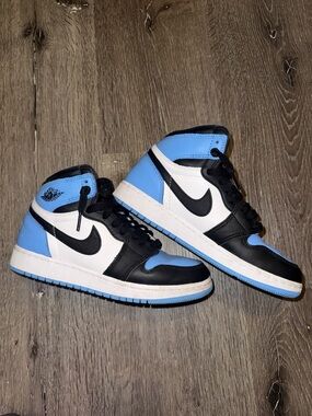 Jordan Air 1 Mid Sneakers in Black, White & Light Blue